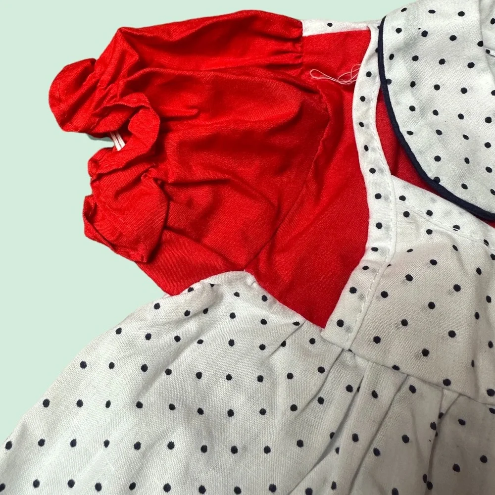 Vintage Baby Cotton Candy Red White Blue Two Piece Set Polka Dot Rose Detail
